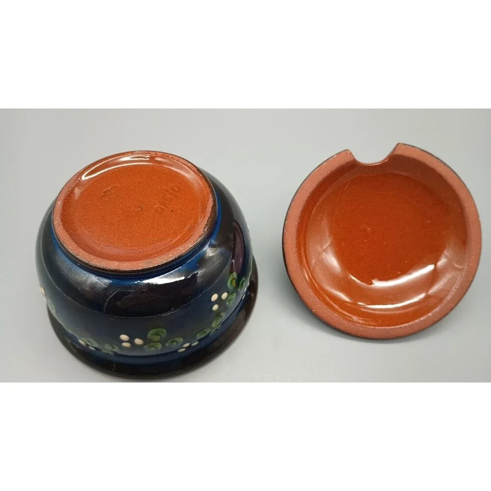 redware folk art pottery Sugar Bowl Jam Jar Hand Painted Blue Green White